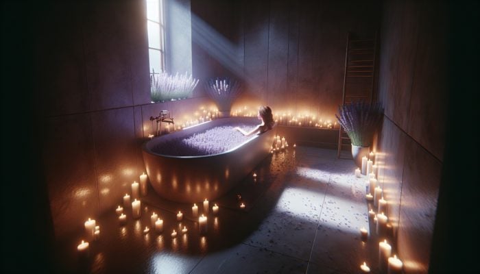 A serene scene of a person enjoying a lavender-scented bath with candles, promoting mental calmness and anxiety relief.