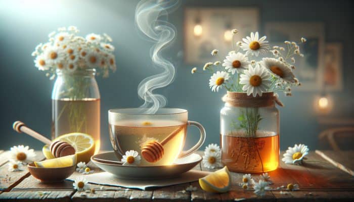A beautiful cup of chamomile tea featuring floating flowers, steam, honey, and lemon, set on a comforting wooden table.