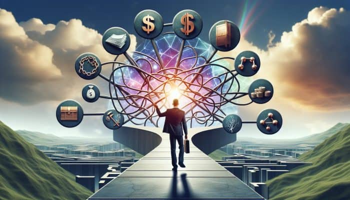 Essential Terms in Debt Consolidation: A Comprehensive Guide | DCL A person confidently navigating a clear path through a complex financial landscape with labeled signposts under a bright sky.