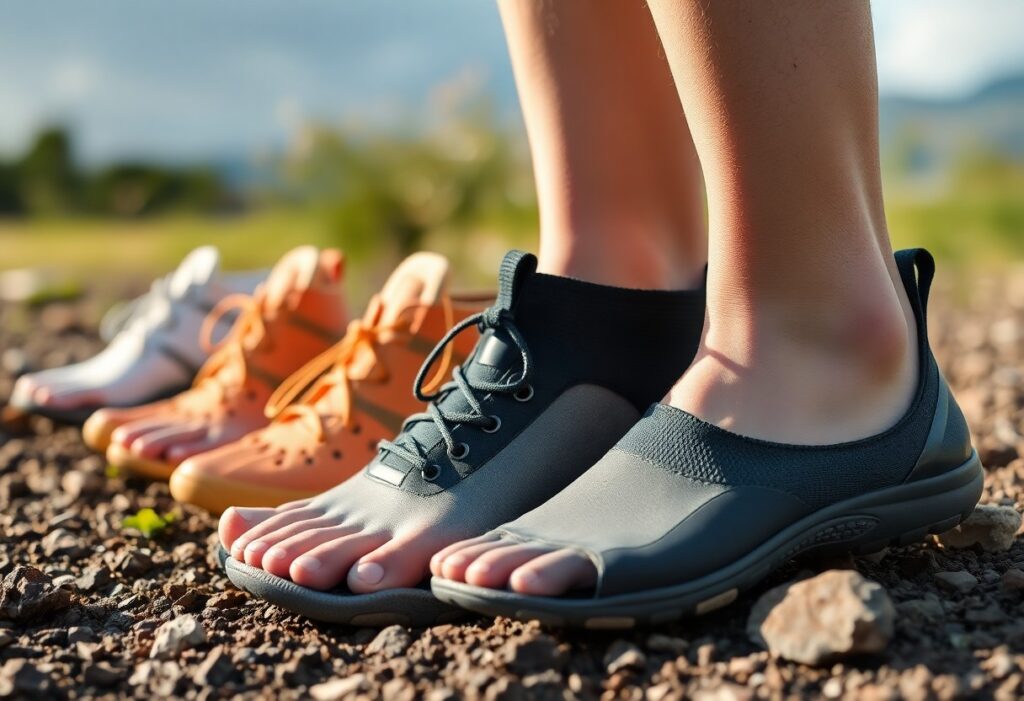 A person wearing black toe shoes stands on a rocky surface, with three more pairs of colourful toe shoes arranged in the background outdoors. The scene is well-lit with a blurred natural backdrop.