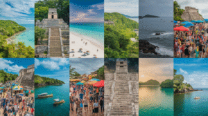 A vibrant collage of 12 images showcasing pristine beaches, ancient stone ruins, lush green landscapes, panoramic ocean views, bustling festivals with market stalls, boats on the water, and individuals relaxing on sandy shores beneath blue and partly cloudy skies—ideal for a Belize travel guide.