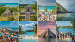 A vibrant collage featuring eight images of ancient Mayan ruins, bustling beaches, crystal-clear turquoise waters, a lively marketplace with colourful umbrellas, tourists enjoying the sights, and tropical landscapes under Belize's sunny and partly cloudy skies.