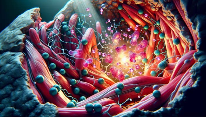 Microscopic view of muscle fibres undergoing repair and growth with glowing glutamine molecules highlighting protein synthesis.