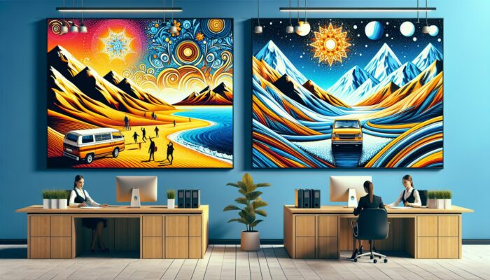 A car rental office adorned with vibrant posters showcasing summer beach and winter mountain scenes, promoting enticing seasonal discounts.