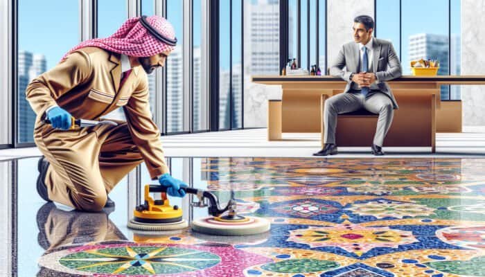 A skilled technician expertly polishing a vibrant terrazzo floor, enhancing its vivid patterns and smooth texture.