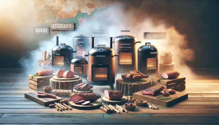 An array of budget-friendly smokers on a rustic table surrounded by meats and smoking woods, warmly lit.
