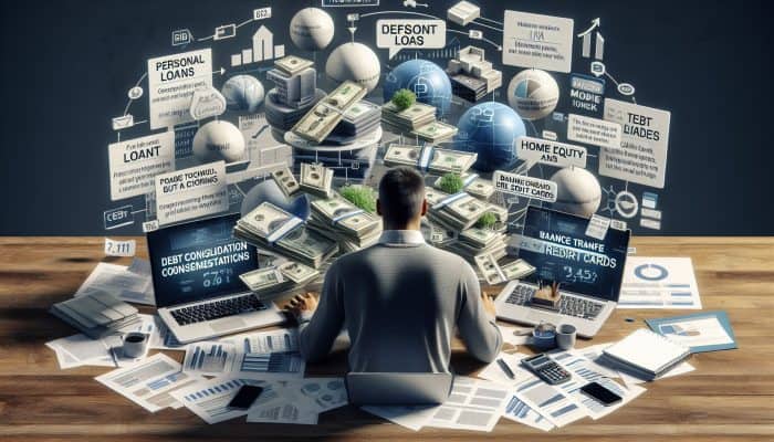 Low-Cost Debt Consolidation Loan Options: A Guide to Savings | DCL Exploring Low-Cost Debt Consolidation Loan Options: Person at desk comparing debt consolidation loans with financial documents and laptop.