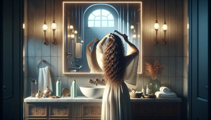 A woman sectioning her damp, wavy hair in a peaceful bathroom with soft lighting and soothing decor.
