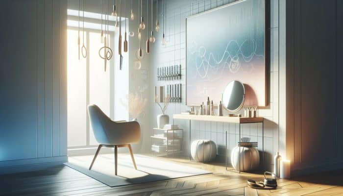 A calming room with a comfortable chair, large mirror, and detangling tools on a table, with soft music playing.