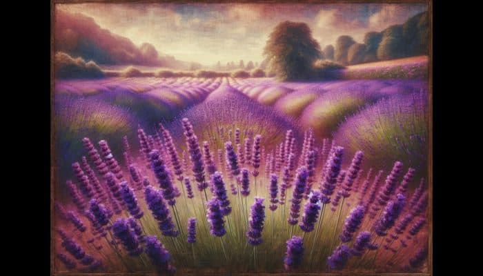 Experience the Stress-Relief Benefits of Lavender: A serene English garden with vibrant purple lavender fields, reflecting centuries of British cultural heritage.