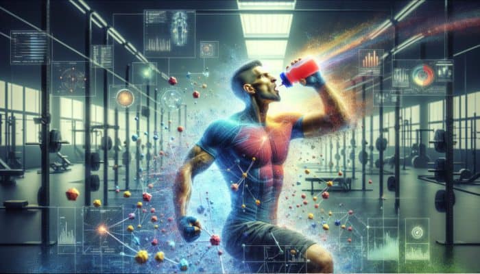 Athlete consuming an energy-boosting pre-workout supplement, radiating energy and focus in the gym.