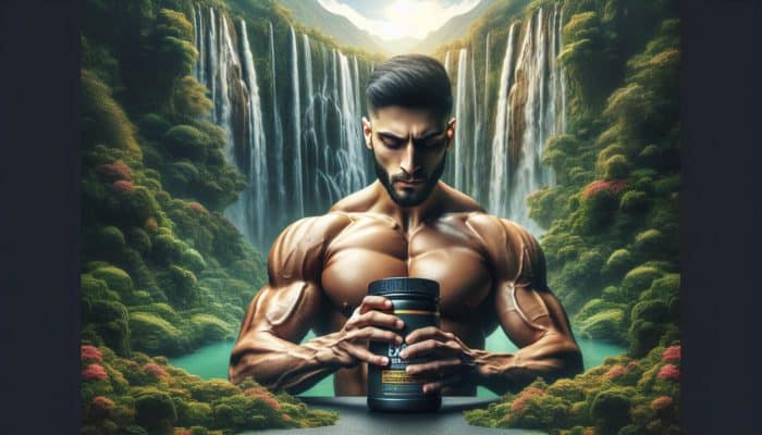 Athlete holding pre-workout supplement in gym, surrounded by a calming waterfall and greenery.