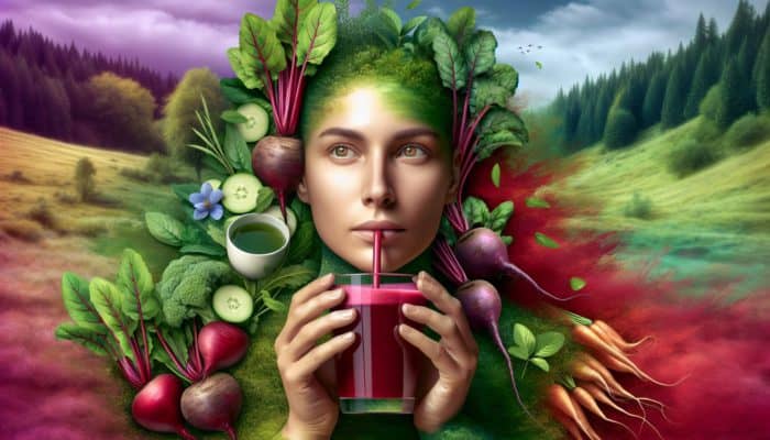 A person enjoying beetroot juice and green tea among beets and tea leaves, immersed in nature.