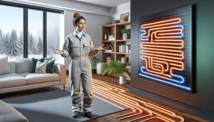 A modern living room showcasing a hydronic radiant floor heating system, with a professional discussing its advantages in Langley.