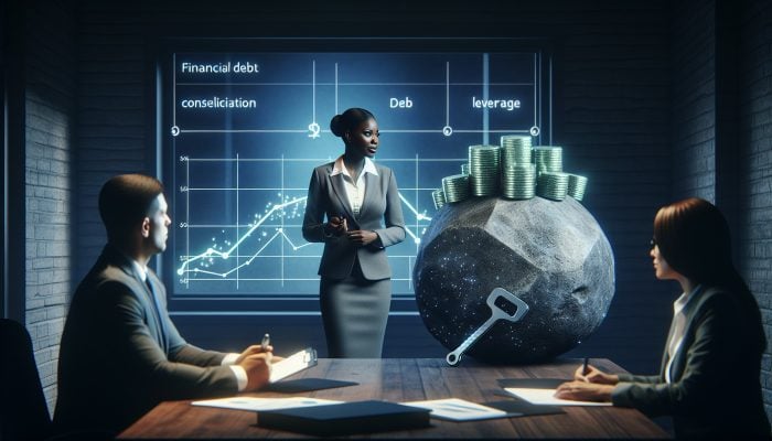How I Consolidated £50,000 in Debt: My UK Journey | DCL A financial advisor's office with charts, discussing £50,000 debt consolidation strategies with a client taking notes.
