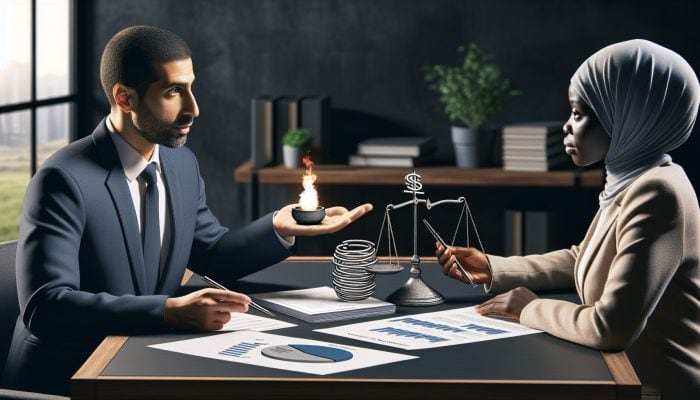 How I Consolidated £50,000 in Debt: My UK Journey | DCL A person discussing debt consolidation with a financial advisor in a modern office, using charts and documents.
