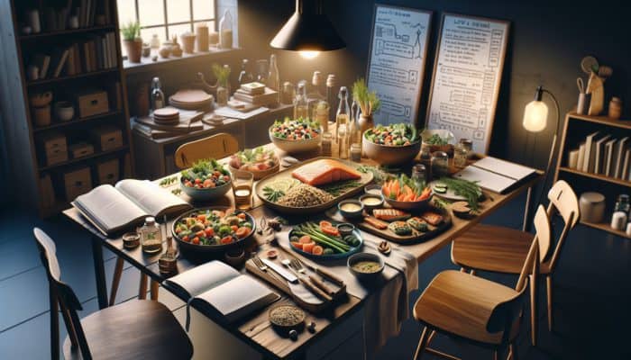 A warm kitchen table displaying low-FODMAP dishes such as salmon, quinoa salad, and steamed vegetables.