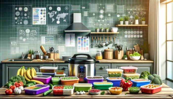 A contemporary kitchen showcasing batch-cooked low-FODMAP meals, pre-chopped vegetables, and a pressure cooker.