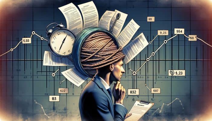 Harnessing Debt Consolidation for Swift Credit Improvement: UK Strategies | DCL Individual in the UK contemplating debt consolidation, surrounded by financial documents, with a clock and calendar in the background.