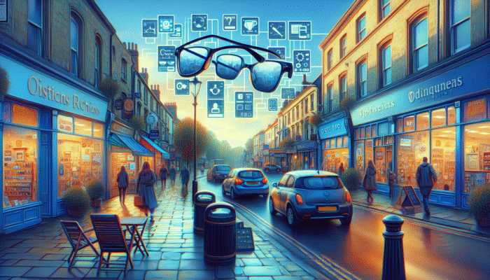 A lively Yeovil street bustling with various businesses, showcasing SEO-optimised signage and digital displays for local services.