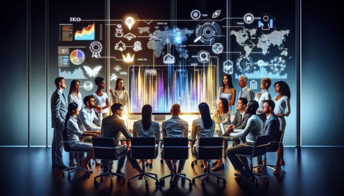 A group of professionals analysing SEO analytics on a computer screen in a modern office environment.