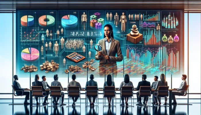Local economist analyzing economic data on screen, with graphs and charts, in a modern conference room with a diverse group.