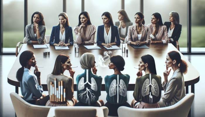 Female specialists discussing smoking cessation methods in a modern, well-lit conference setting with visual aids.