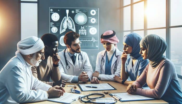 A diverse group of UK healthcare professionals collaborating with a woman to quit smoking through personalised strategies.