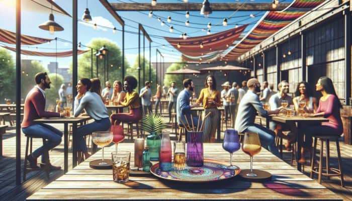 A vibrant outdoor bar scene with unique, colourful glassware on rustic tables under a sunny sky.