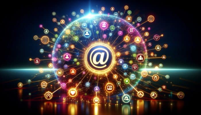Harnessing Social Media for Brand Authority: A vibrant digital landscape with interconnected social media icons and a central logo radiating influence.