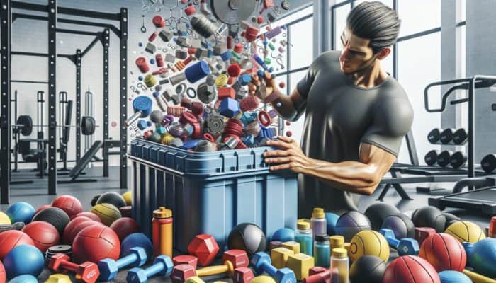 A person in a gym scrutinising a pre-workout supplement label, surrounded by fitness equipment, appearing focused.