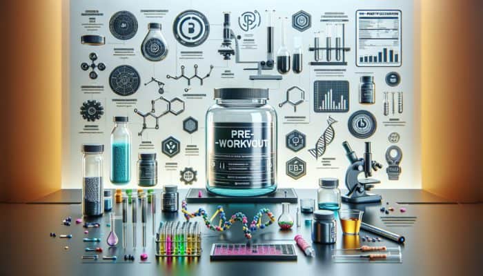 Transparent bottle of pre-workout supplement on lab bench with scientific equipment and certification logos, showcasing detailed ingredient dosages.