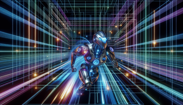 A futuristic robot navigating a grid of glowing URLs, symbolizing optimised SEO crawl budget with speed indicators.