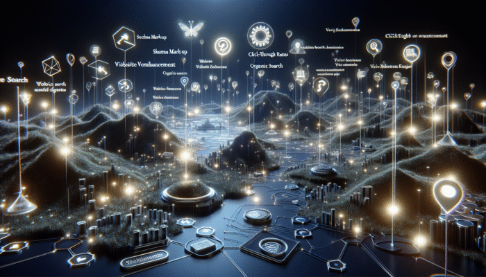 A digital landscape illustrating schema markup enhancing website visibility, increasing click-through rates, and boosting organic traffic, integrated with voice search capabilities.