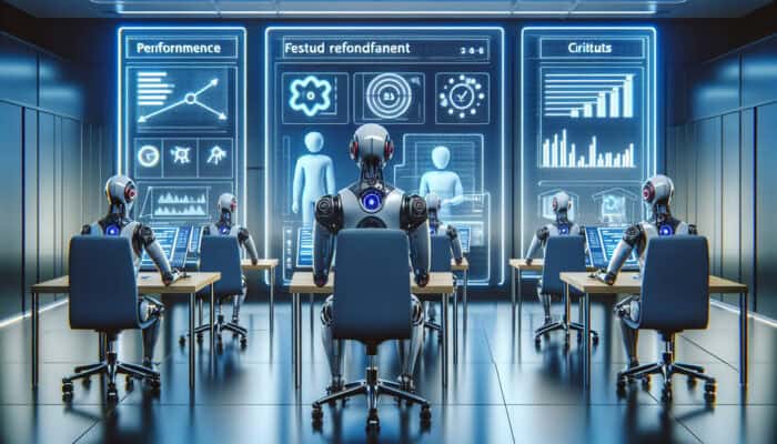 A futuristic office where robots analyse performance data on holograms, receiving feedback in a collaborative environment.