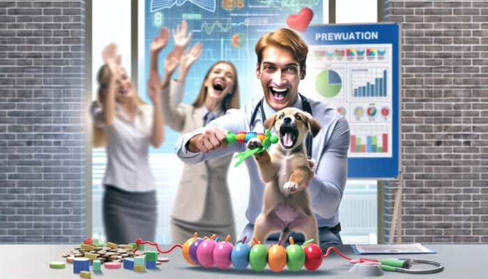 A playful puppy chews a colorful teething toy during training, rewarded by an attentive owner in a bright room.