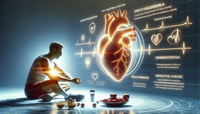 Person empowered by early cholesterol detection, engaging in a healthy lifestyle with glowing heart symbol.