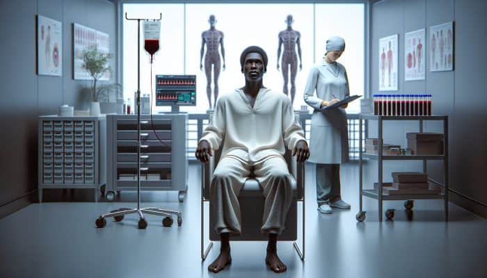 Person in loose, comfortable outfit with rollable sleeves, seated in medical setting for ferritin test.