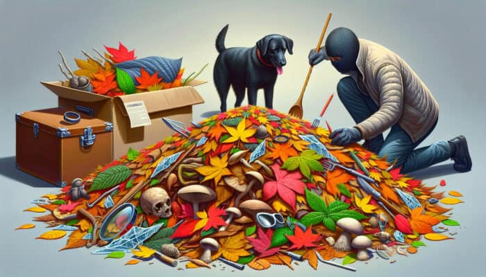 Leaf Pile Play Precautions For Pets: A pet owner checks a leaf pile for hidden dangers like sharp sticks and toxic mushrooms before letting their dog play.