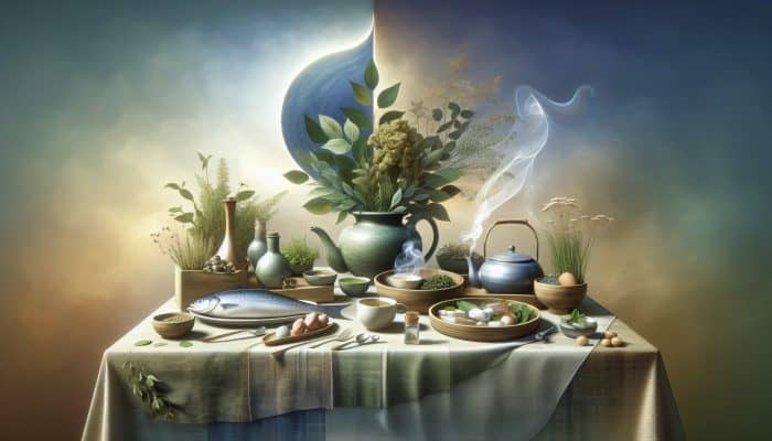 A table with magnesium, omega-3, and herbal teas, surrounded by calming elements, symbolising panic attack relief.