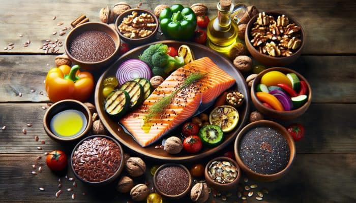 A vibrant spread of omega-3 rich foods from Australia: grilled salmon, vegetables, and seeds on a rustic table.