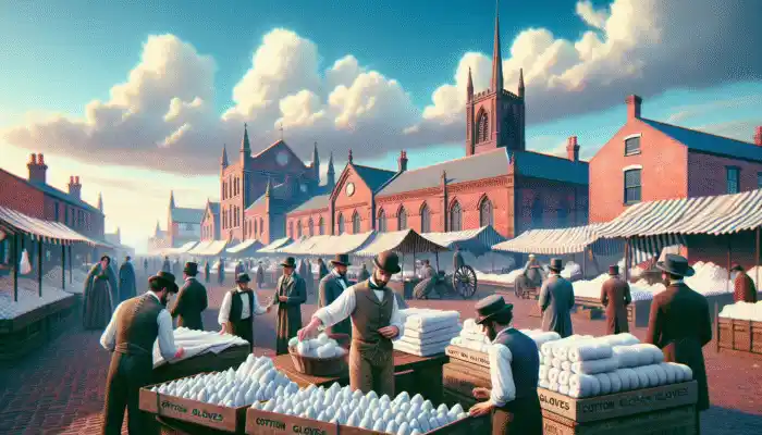 Market scene in Runcorn with vendors showcasing cotton gloves, experts discussing quality, and buyers examining products under a clear sky.