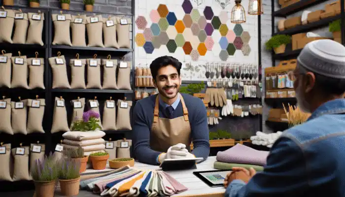 A knowledgeable shopkeeper at a garden centre in Runcorn advising a customer on selecting the right cotton gloves for gardening.