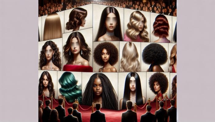 Compilation of celebrities adorning centre-parting hairstyles, ranging from sleek to wavy, on a glamorous red carpet.