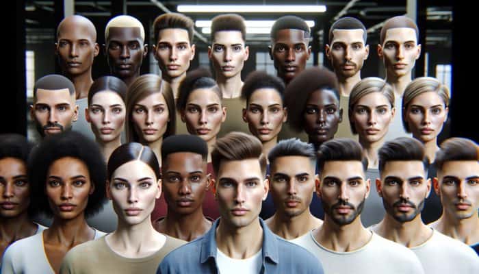 A diverse group of individuals with centre-parted hairstyles, enhancing their features and showcasing symmetry and natural beauty.