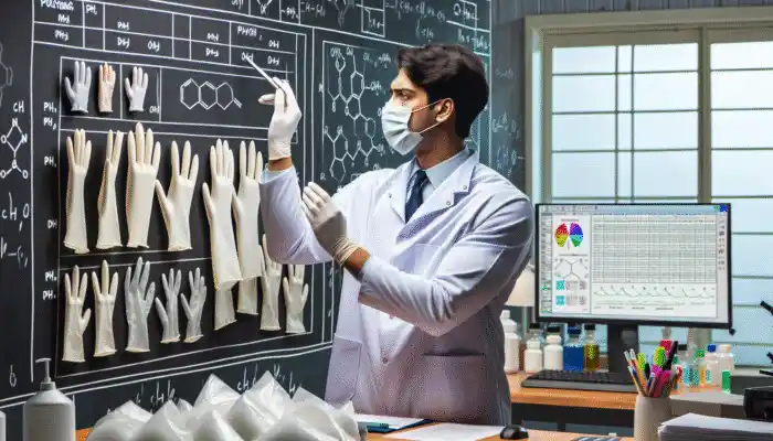 Individual in a lab coat assessing polythene gauntlet gloves for thickness, durability, and chemical resistance in industrial and medical contexts.