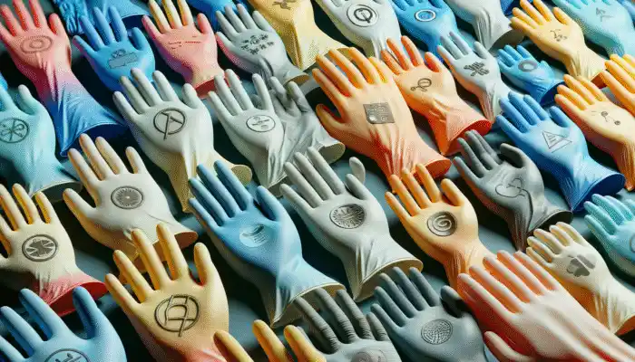 Customized polythene gauntlet gloves featuring logos, available in different sizes and colours, used by healthcare and food service workers.