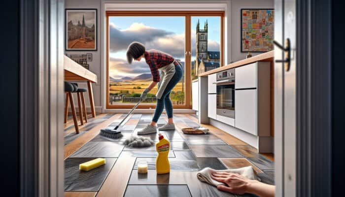 A person diligently removing grout haze from kitchen floor tiles in West Dunbartonshire, showcasing Scottish architecture in the background.