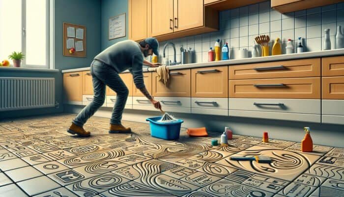 Individual in West Dunbartonshire cleaning grout haze from kitchen tiles with care.