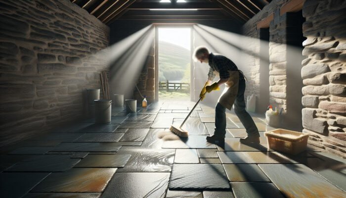An individual scrubbing slate floors with natural solutions in West Dunbartonshire, sunlight illuminating the clean surface.